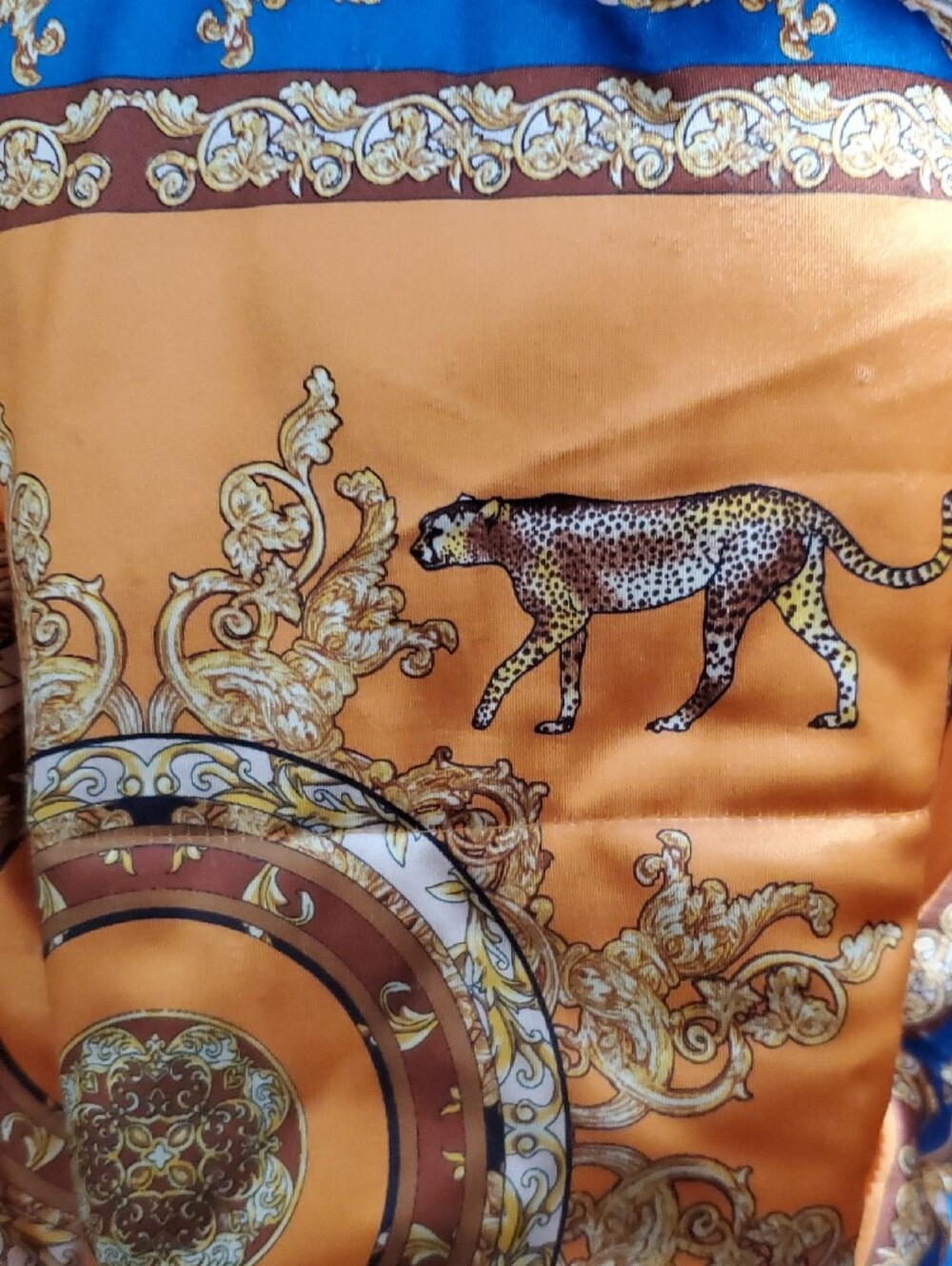 N°1 Los Angeles Cropped Puffer Jacket Cheetah Leopard Baroque Print Orange Blue - Picture 11 of 12
